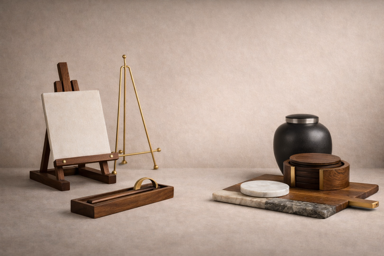 Curated Asia Touch product assortment featuring easels, incense accessories, coasters, and memorial pieces