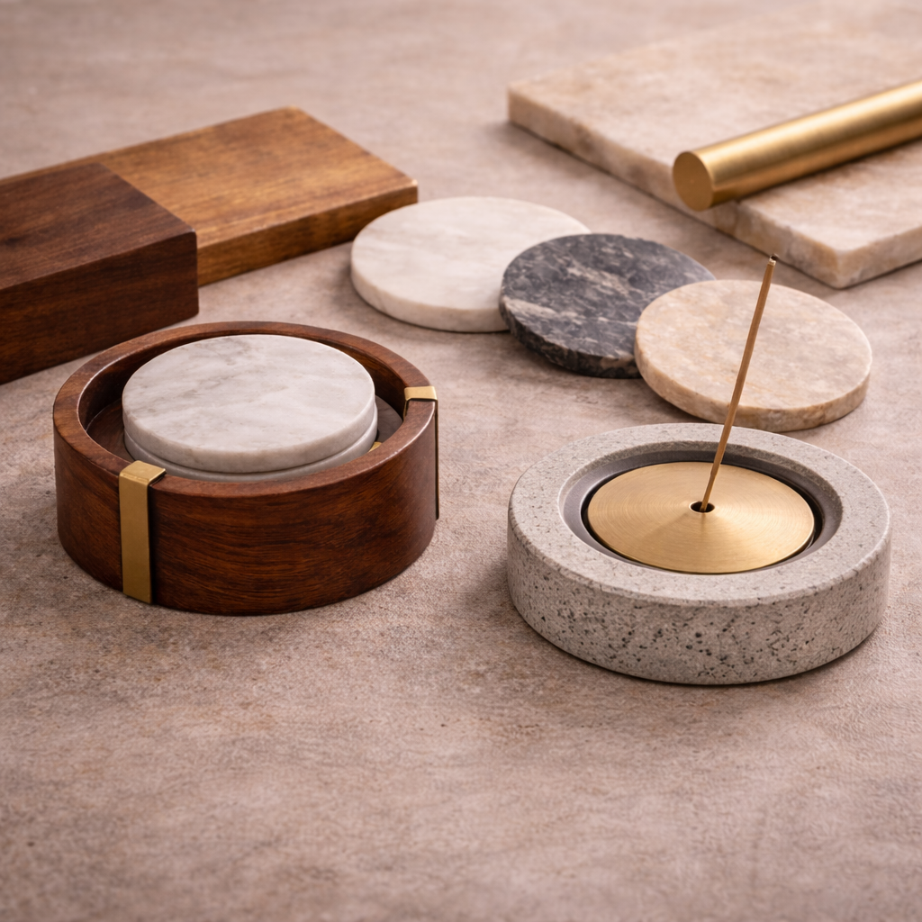 Wood, stone, and metal material sample arrangement from the Asia Touch homepage support set