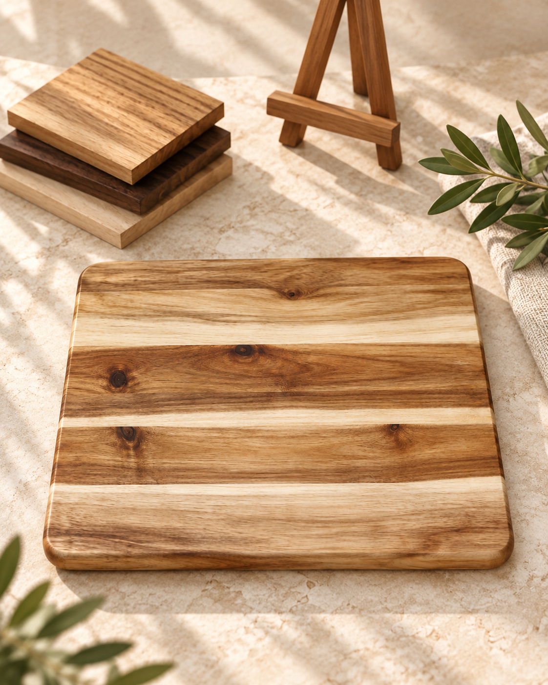 Acacia cutting board with wood samples and a wooden display easel in warm natural light